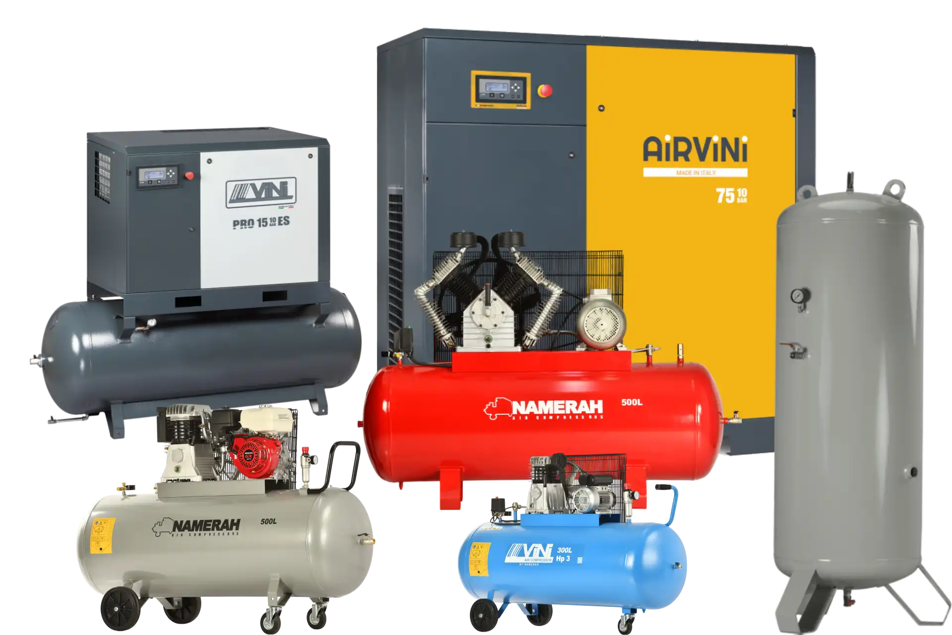 Industrial air compressor lineup by Namerah — rotary screw and piston air compressors